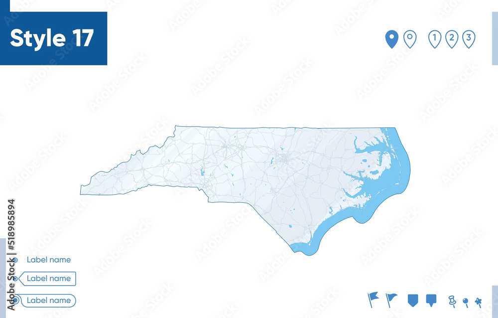 North Carolina, USA - map isolated on white background with water and roads. Vector map.