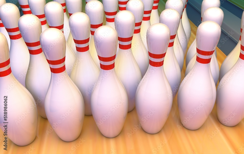 Lots of bowling pins on the bowling lane. 3D render Lots of bowling pins on the bowling lane. 3D render