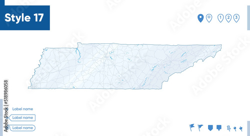 Tennessee, USA - map isolated on white background with water and roads. Vector map.