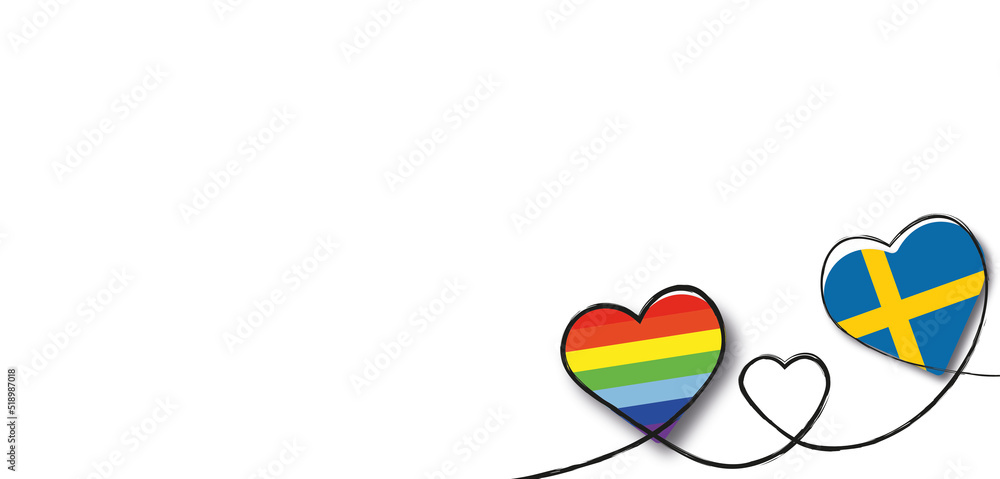 Drei Herzen mit der Regenbogenfahne und Schwedens Flagge Drei Herzen mit der Regenbogenfahne und Schwedens Flagge