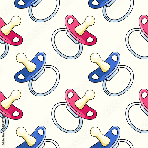 Baby pacifier, vector seamless pattern in the style of doodles, hand drawn
