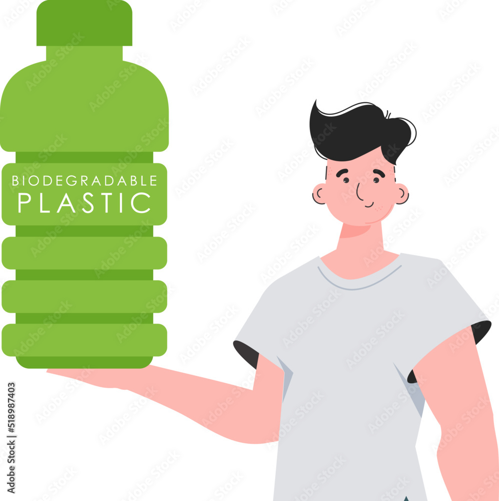 A man holds a bottle made of biodegradable plastic in his hands. Concept of green world and ecology. Isolated on white background. Fashion trend illustration in Vector.