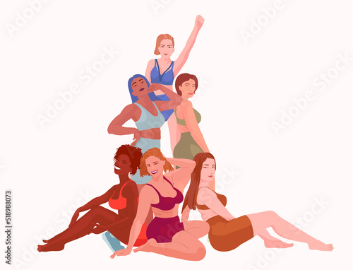 Women of different nationalities and races. Statement and manifesto of the women's community. Love and acceptance of yourself. Flat vector illustration