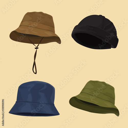 Set of assorted hats. Hat Mockup. Jungle Hat, Adventurer's Hat, Beanie. Vector illustration