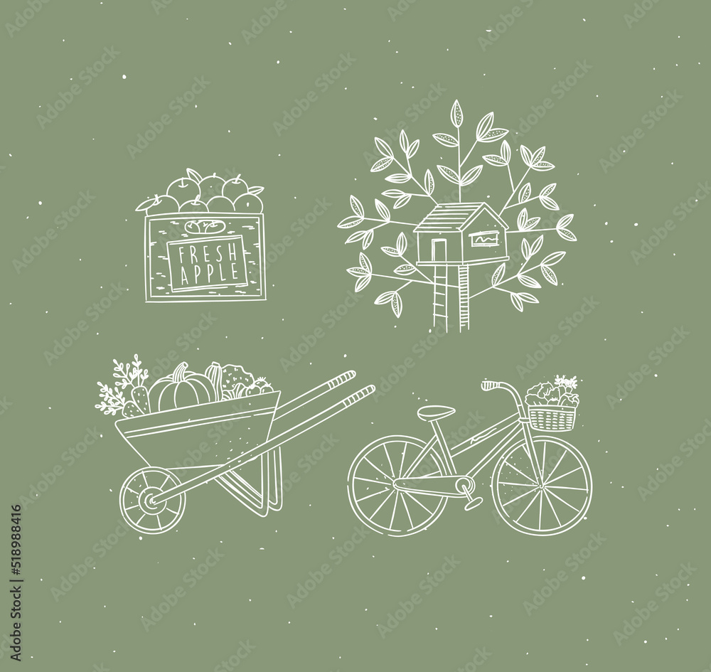 Village collection of icons apple crate, tree house, vegetable cart, bicycle drawing in graphic style on green background