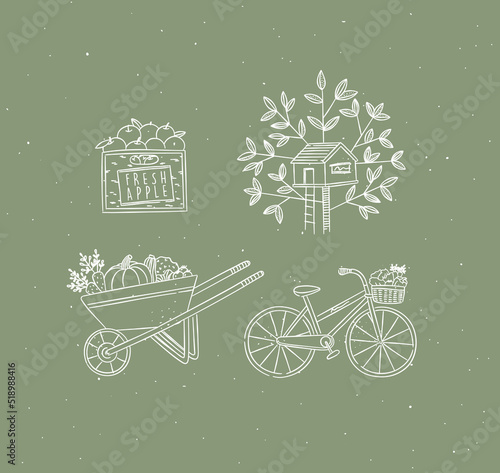 Obraz na płótnie Village collection of icons apple crate, tree house, vegetable cart, bicycle drawing in graphic style on green background w salonie