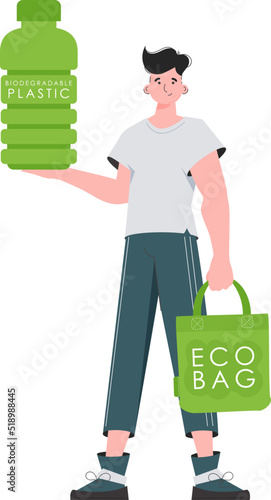 A man holds a bottle made of biodegradable plastic in his hands. The concept of ecology and care for the environment. Isolated on white background. Trend style.Vector illustration.