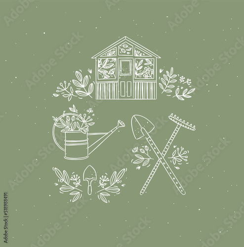 Village collection of icons house, garden tools, shovel, rake, watering can drawing in graphic style on green background