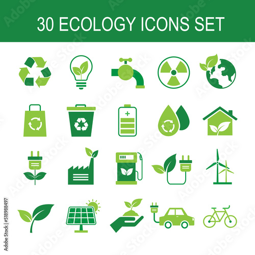 30 green ecology icon set.  energy sign and symbol. conservation saving support and solution. isolated on white background. environment and sustainable concept. vector illustration flat design.