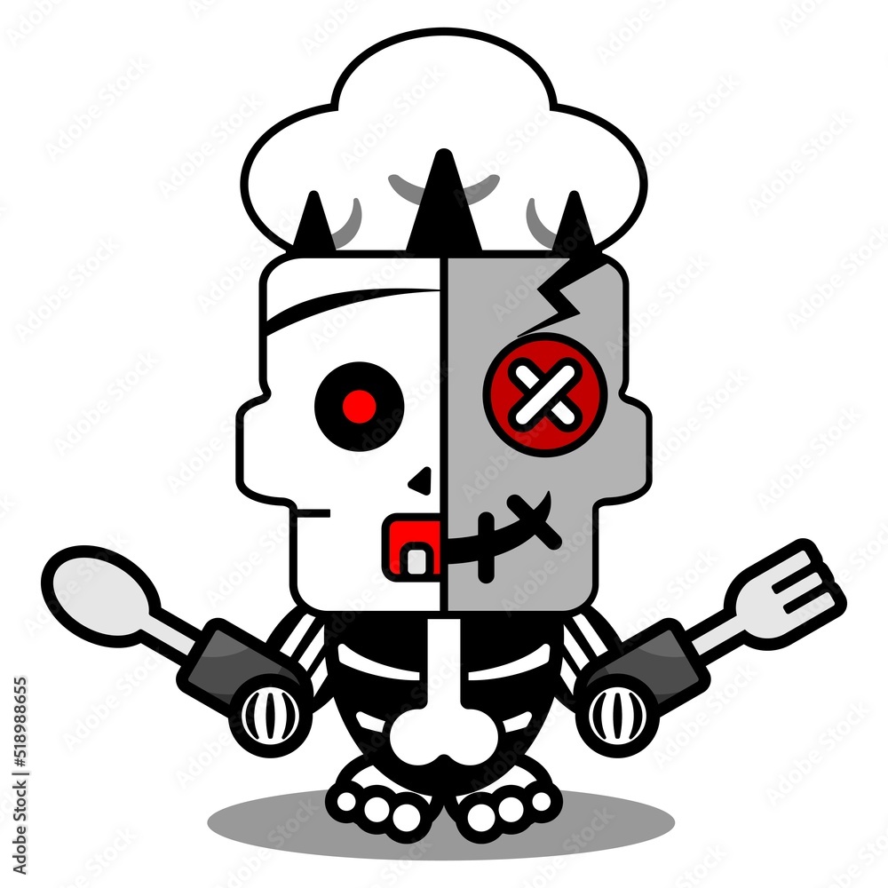 vector cartoon cute mascot skull character voodoo doll chef spoon and fork vector cartoon cute mascot skull character voodoo doll chef spoon and fork