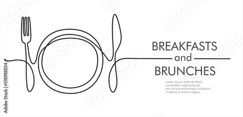 Continuous one line art or One Line Drawing of plate, khife and fork. Restaurant concept hand draw line art design vector illustration for cafe, shop or food delivery service