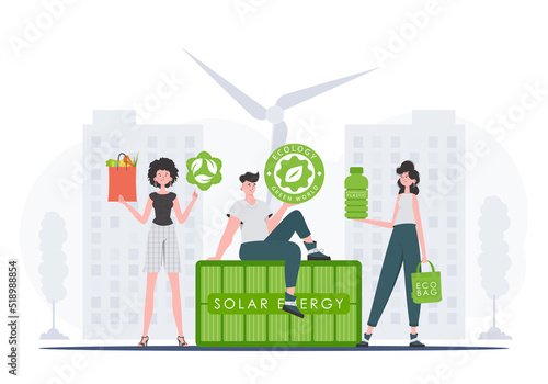 The concept of ecology and care for the environment. EKO is a team of people who care about the environment. Cartoon trendy style. Vector illustration.