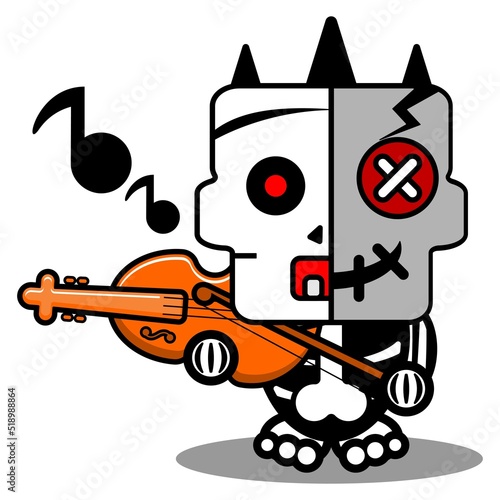 vector cartoon cute mascot skull character voodoo doll bone playing guitar