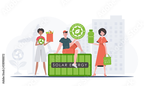 The concept of ecology and care for the environment. EKO is a team of people who care about the environment. Cartoon trendy style. Vector.