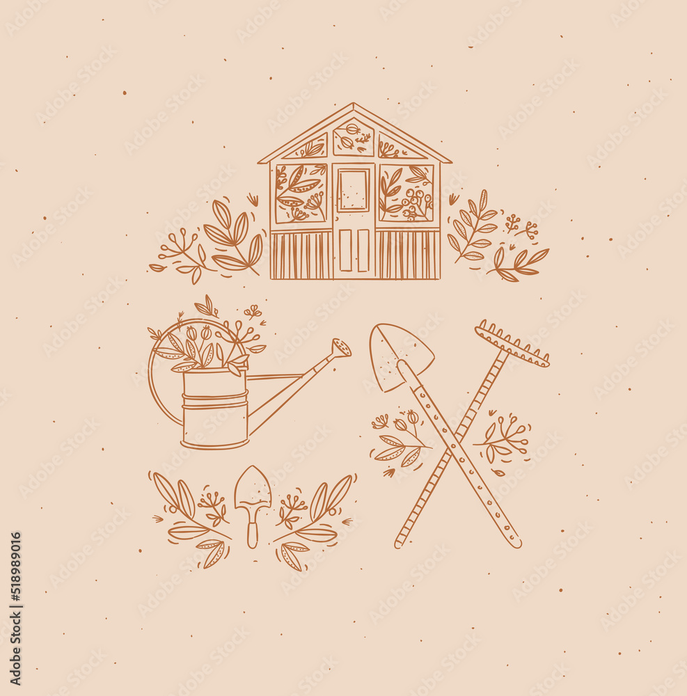 Village collection of icons house, garden tools, shovel, rake, watering can drawing in graphic style on peach background