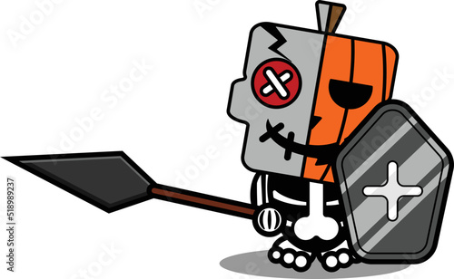 vector cartoon cute mascot skull character voodoo doll pumpkin spear and shield