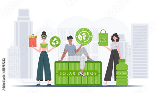 Concept of green world and ecology. EKO is a team of people who care about the environment. Flat style. Vector illustration.