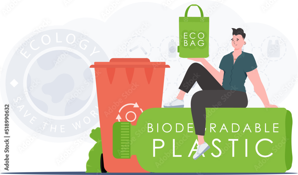 Concept of green world and ecology. A man sits on a bottle made of biodegradable plastic and holds an ECO BAG in his hands. Trend style.Vector illustration. Concept of green world and ecology. A man sits on a bottle made of biodegradable plastic and holds an ECO BAG in his hands. Trend style.Vector illustration.