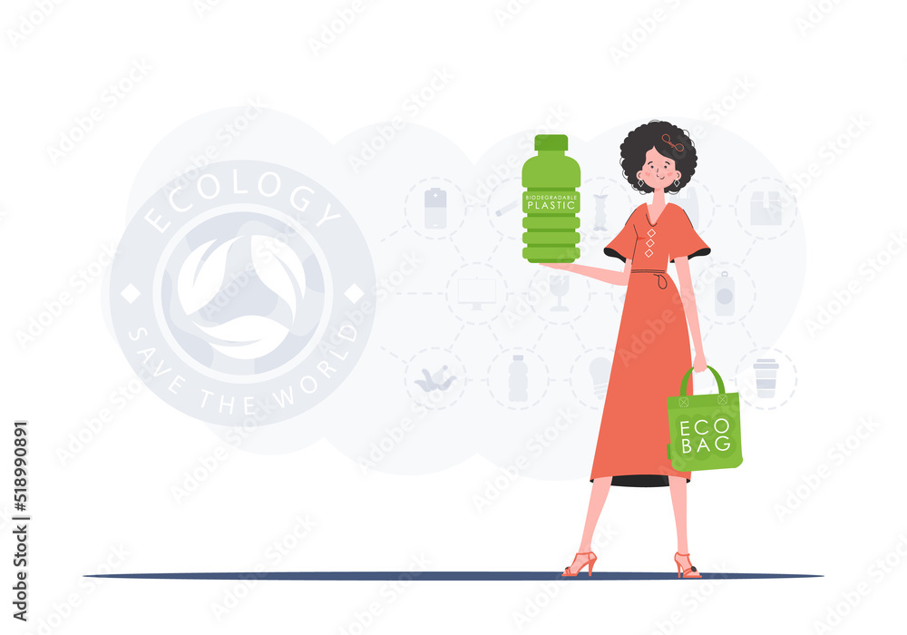 Concept of green world and ecology. The girl holds a bottle made of biodegradable plastic in her hands. Trend style.Vector illustration. Concept of green world and ecology. The girl holds a bottle made of biodegradable plastic in her hands. Trend style.Vector illustration.