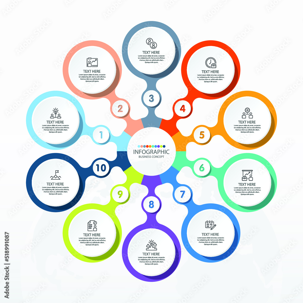 Basic circle infographic template with 10 steps, process or options, process chart, Used for process diagram, presentations, workflow layout, flow chart, infograph. Vector eps10 illustration. Basic circle infographic template with 10 steps, process or options, process chart, Used for process diagram, presentations, workflow layout, flow chart, infograph. Vector eps10 illustration.