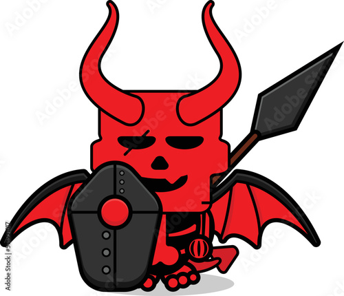 cartoon vector cute skull red devil mascot character holding spear and shield