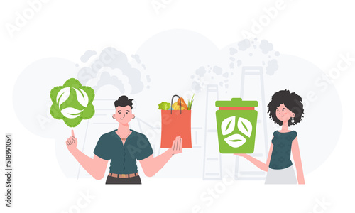 Concept of green world and ecology. EKO is a team of people who care about the environment. Fashion trend vector illustration.