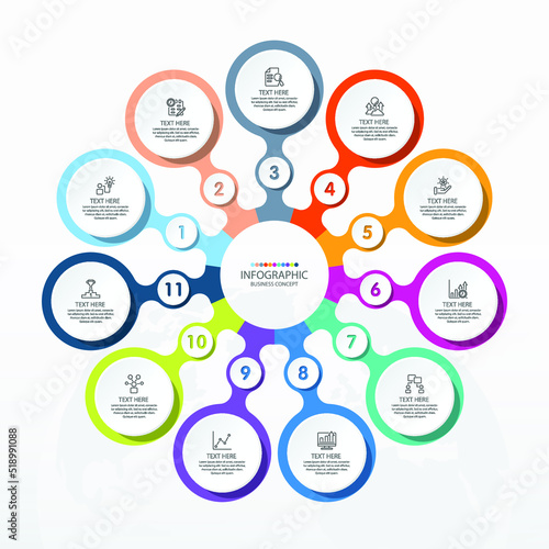 Basic circle infographic template with 11 steps, process or options, process chart, Used for process diagram, presentations, workflow layout, flow chart, infograph. Vector eps10 illustration.