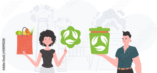 Ecology friendly concept. EKO is a team of people who care about the environment. Trend style.Vector illustration.
