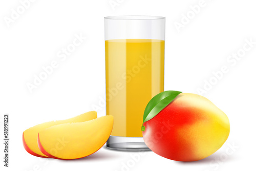 Fresh mango fruit and mango juice in a glass, realistic vector 3d illustration, isolated on white background