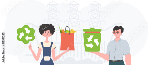 Ecology friendly concept. EKO is a team of people who care about the environment. Fashion trend vector illustration.