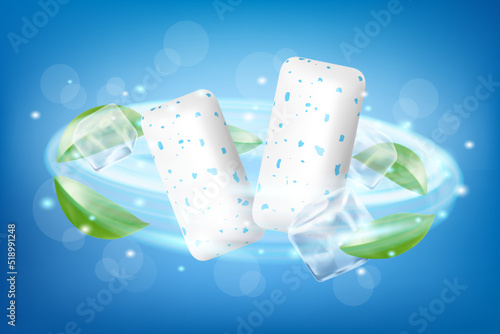 Pads of bubble gum with ice cubes and mint leaves. Green leaves spearmint for fresh breathing. Chewing gums for healthy teeth and dental hygiene. Refreshing sweet candy, isolated on white background.