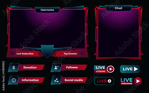 Streaming screen panel overlay game template. Live video, online stream futuristic technology style. Abstract digital user interface. Live streaming button. Vector 10 eps