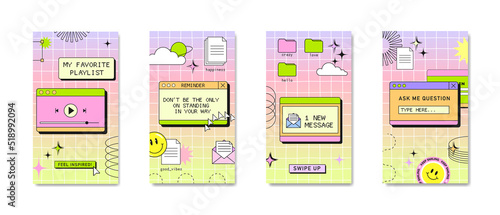 Cool stories or post template, retro browser computer window in 90s vaporwave with geek stickers. Y2k aesthetic background for social media, with pc message boxes, UI, UX elements. Vector illustration