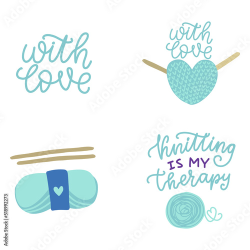 Knitwear heart, tangle, knitting needles, yarn. Knitted with love hand made crochet hobbies. Hand drawn vector illustration.