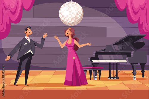Concert stage scene music show concept. Vector graphic design illustration