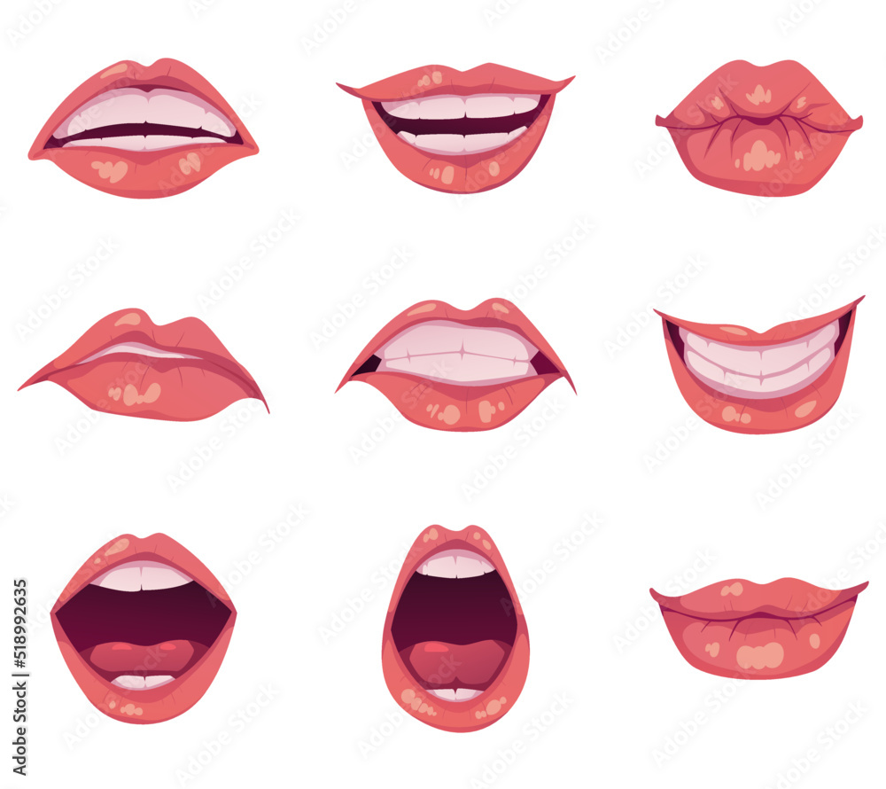 Mouth facial lips with different emotions animations isolated concept set. Vector cartoon design element illustration Mouth facial lips with different emotions animations isolated concept set. Vector cartoon design element illustration