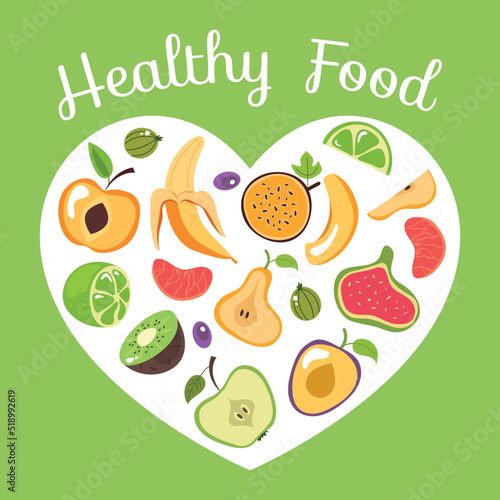Natural vegan healthy fruits grocery nutrition salad ingredient infographic concept. Vector cartoon design element illustration