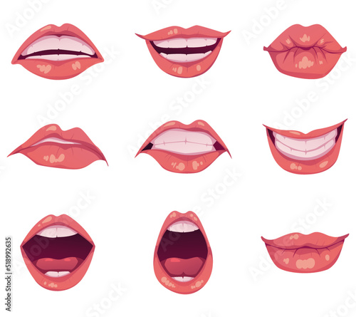 Mouth facial lips with different emotions animations isolated concept set. Vector cartoon design element illustration