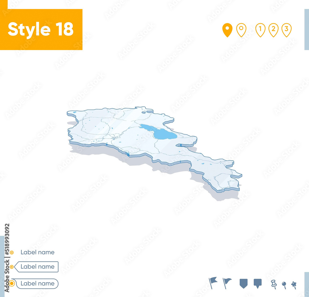 Armenia - 3d map on white background with water and roads. Vector map with shadow.