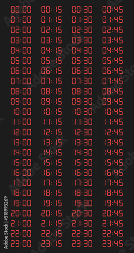 Digital alarm clock numbers digits font set with vector graphics - Day night time display - Design of digital numbers for hours, minutes, second to display time on counter, all hours of the day