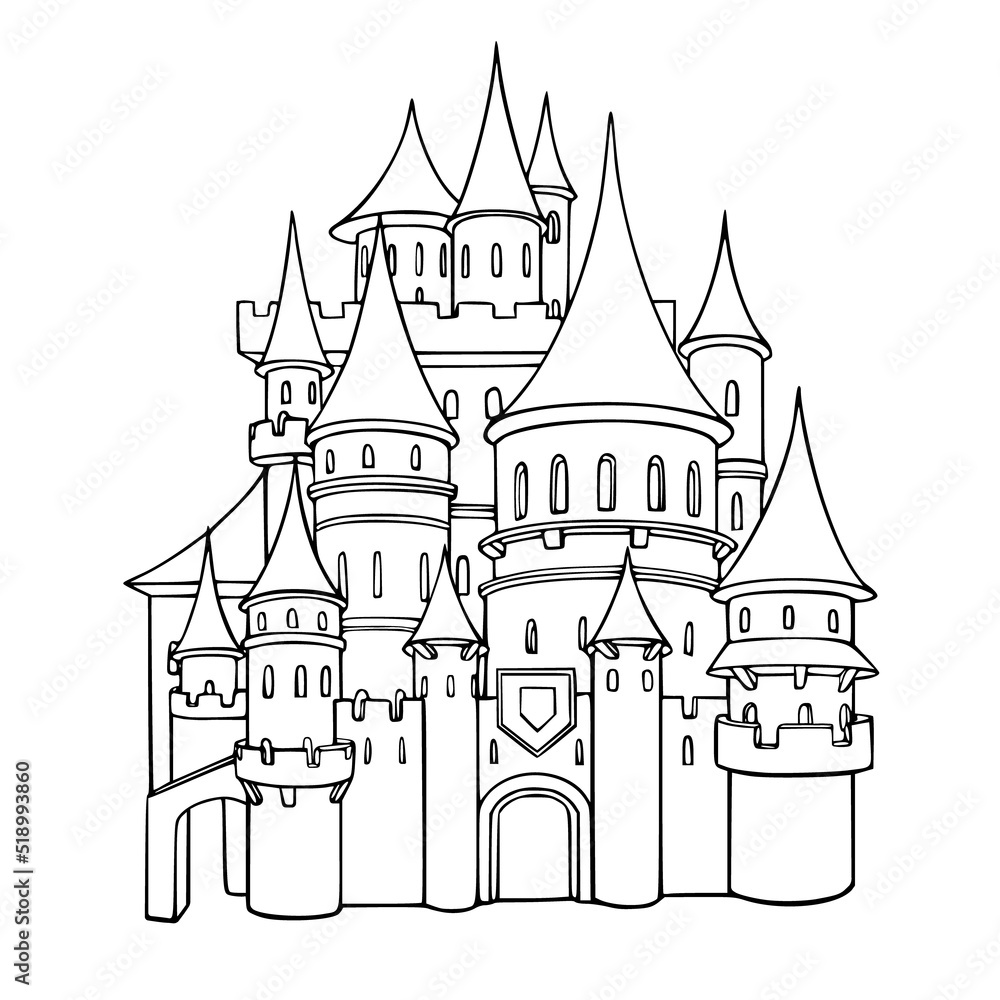 Coloring book of outline castle. Educational kids activity page and worksheet. Cartoon Isolated vector illustration.