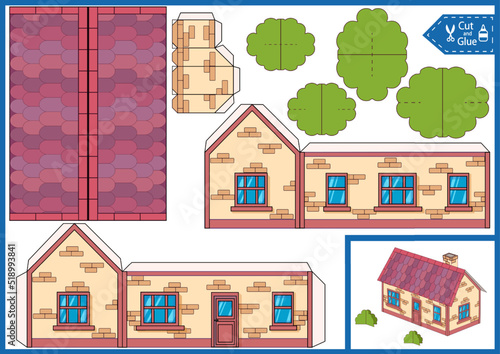 Paper craft kids game. Cut and glue of house. Printable template 3d model toys building. Children gaming activity art page. DIY worksheet. 