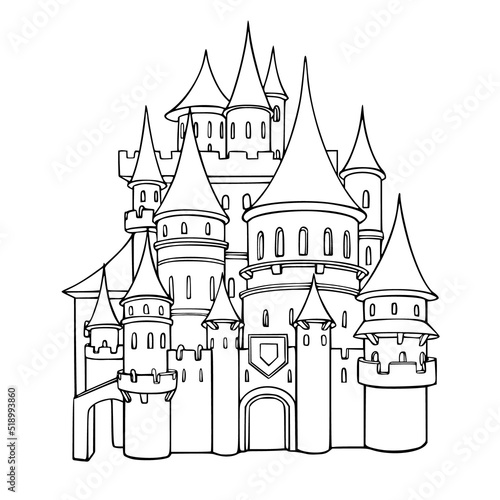 Coloring book of outline castle. Educational kids activity page and worksheet. Cartoon Isolated vector illustration.