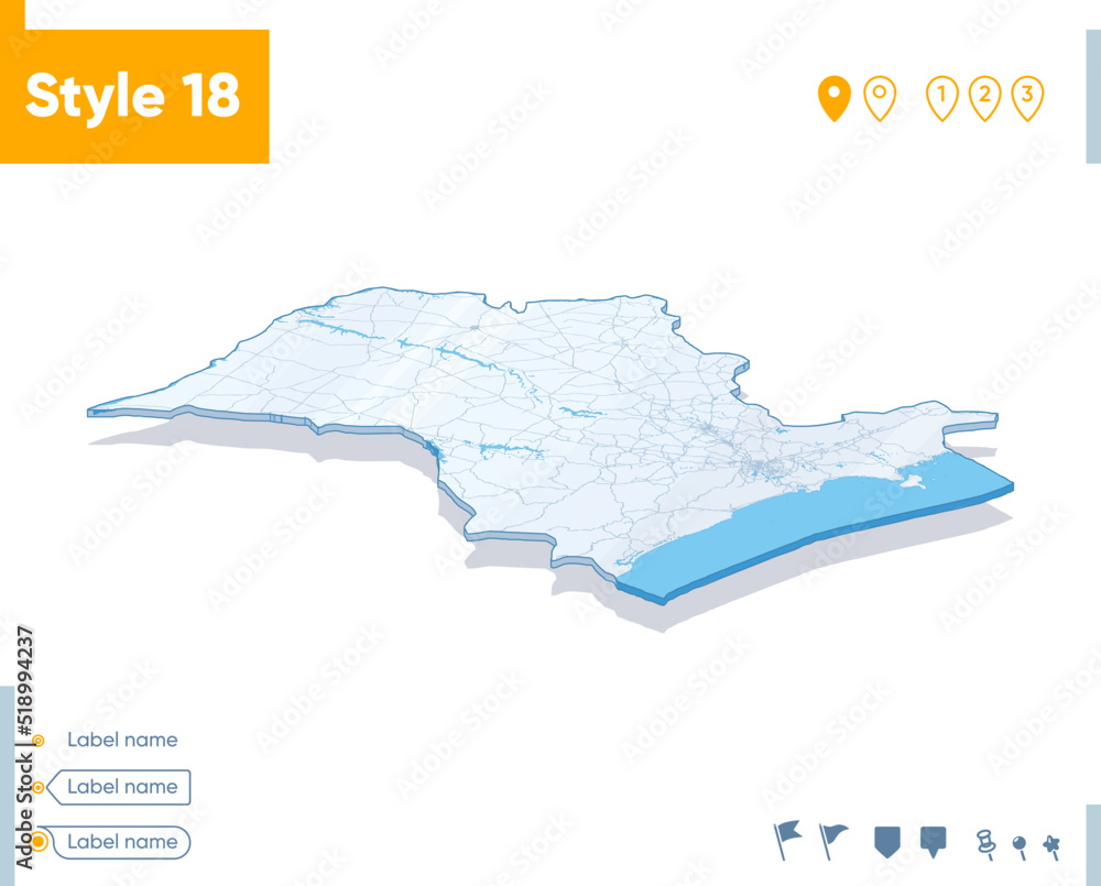 Sao Paulo, Brazil - 3d map on white background with water and roads. Vector map with shadow. Sao Paulo, Brazil - 3d map on white background with water and roads. Vector map with shadow.