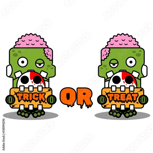 cartoon vector mascot halloween zombie skull green cute character holding trick or treat board