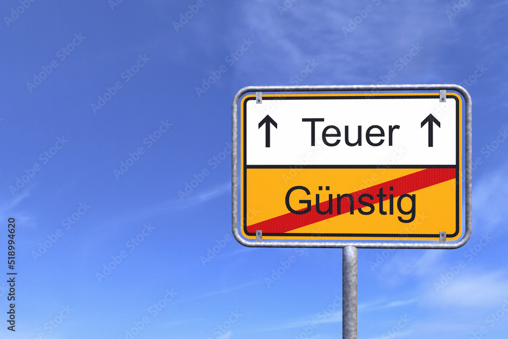 3d Illustation - Ortsschild - Ortstafel - Günstig - Teuer - Himmel - Wolken 3d Illustation - Ortsschild - Ortstafel - Günstig - Teuer - Himmel - Wolken