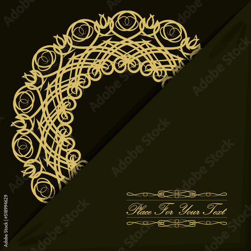 Envelope with ornamented circle for postcards, invitations, greetings, business cards, brochures and more. Golden stylized floral pattern, mandala on a khaki background. Vector illustration