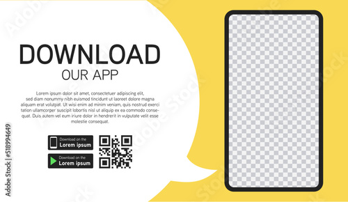 Web banner for downloading the mobile app. Smartphone with transparent background on screen isolated on yellow background. Vector illustration.