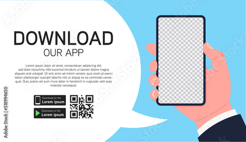 Web banner for downloading the mobile app. Male hand holding smartphone with transparent background on screen. Vector illustration..