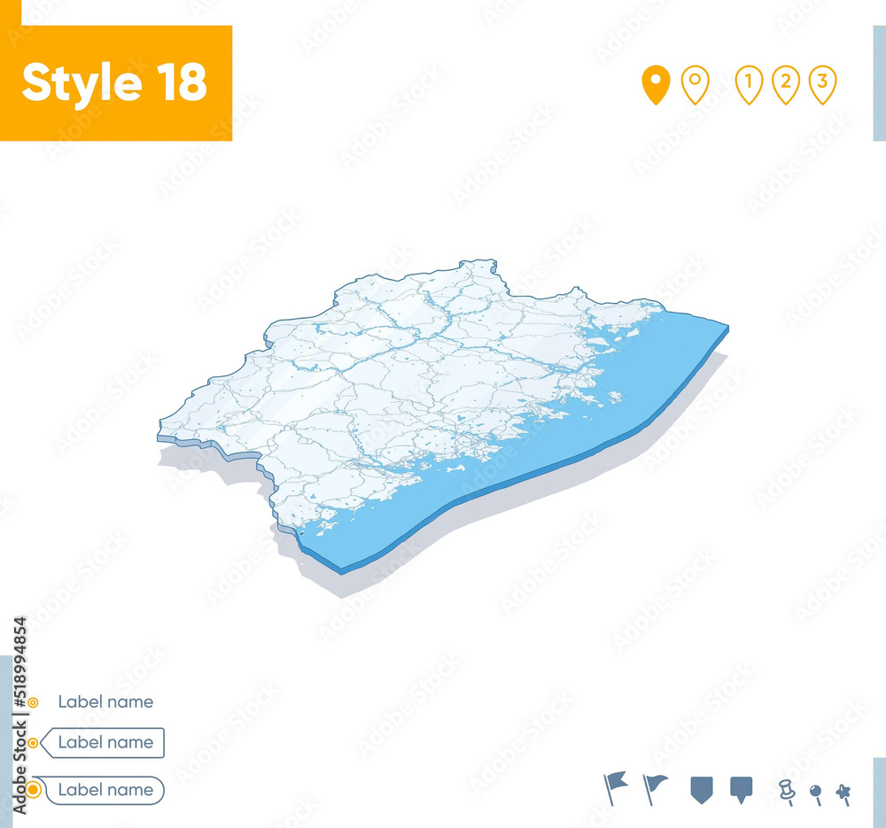 Fujian, China - 3d map on white background with water and roads. Vector map with shadow.